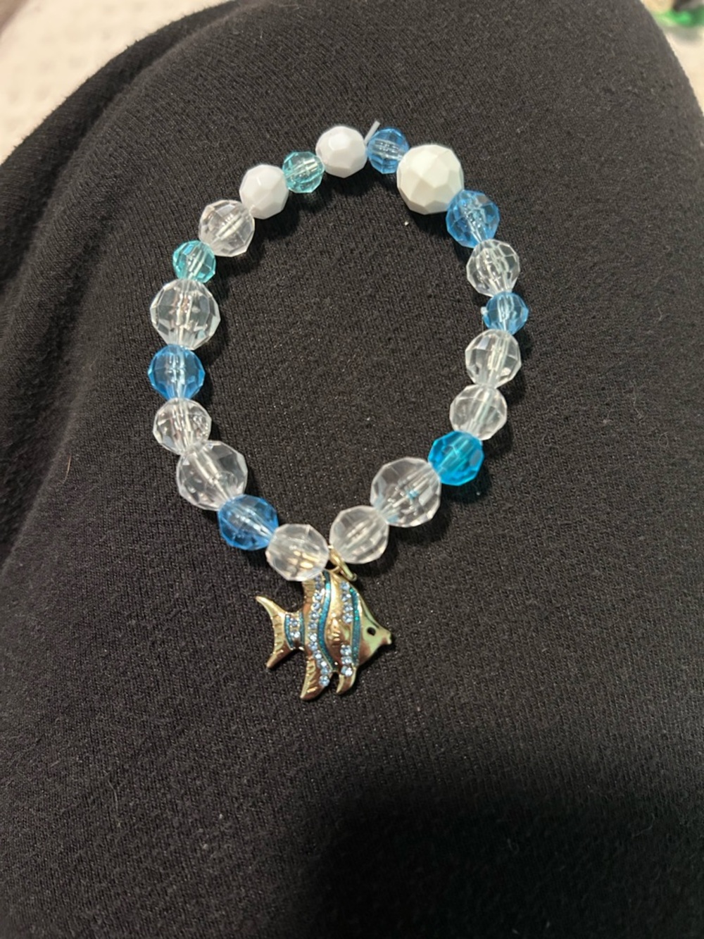 Blue and Clear Beaded Bracelet with Fish Charm